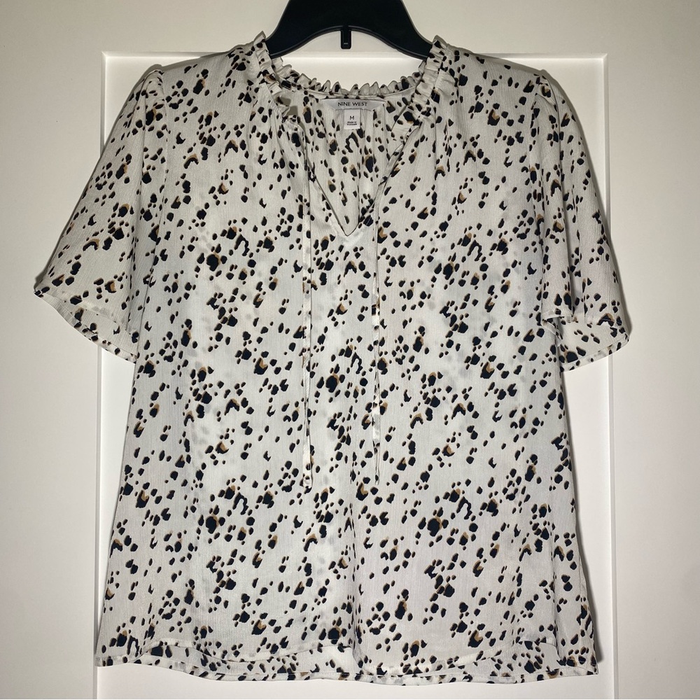 Nine West Cream with Black and Brown Animal Like Print Tie Front Ruffle Neck Top